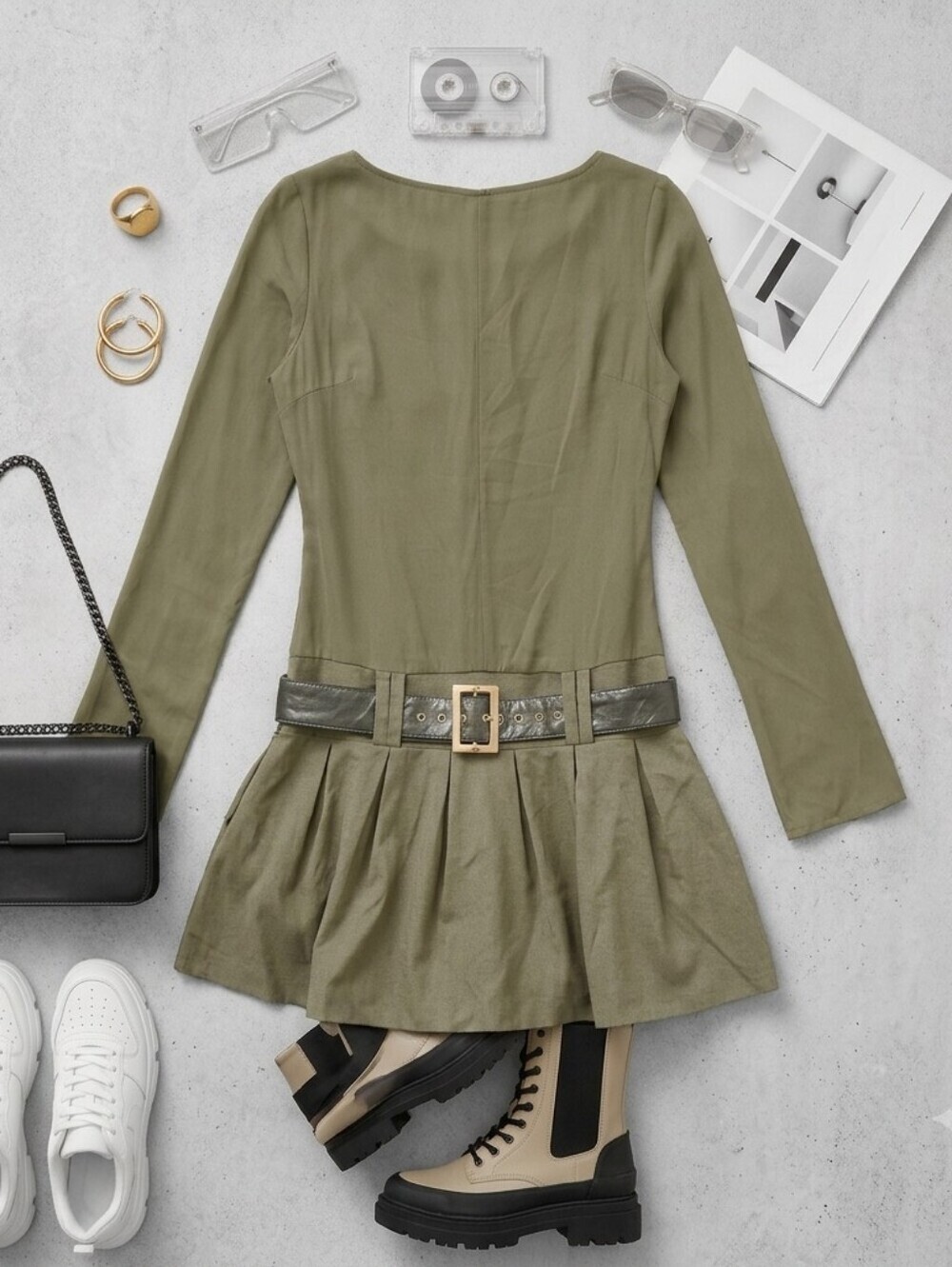 ASOS Olive Green Belted Drop Waist Long Sleeve Dress